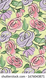Floral seamless background pattern. Colorful spring flowers hand drawn, vector. Spring summer. Fabric swatch, textile design,wrapping, paper