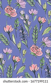 Floral seamless background pattern. Colorful spring flowers hand drawn, vector. Spring summer. Fabric swatch, textile design,wrapping, paper