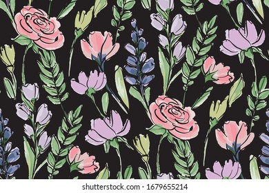 Patrón de fondo floral sin fisuras. Flores de primavera coloridas dibujadas a mano, vector. Verano de primavera. Revestimiento de tela, diseño textil, envoltura, papel