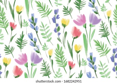 Floral seamless background pattern. Colorful spring flowers hand drawn, vector. Spring summer. Fabric swatch, textile design,wrapping, paper