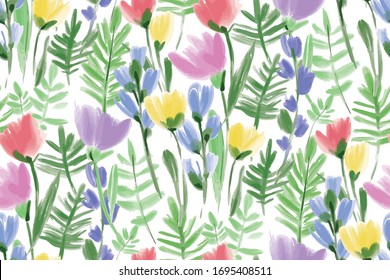 Floral seamless background pattern. Colorful spring flowers hand drawn, vector. Spring summer. Fabric swatch, textile design,wrapping paper