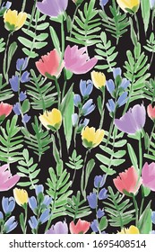 Floral seamless background pattern. Colorful spring flowers hand drawn, vector. Spring summer. Fabric swatch, textile design,wrapping paper