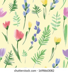 Floral seamless background pattern. Colorful spring flowers hand drawn, vector. Spring summer. Fabric swatch, textile design,wrapping paper