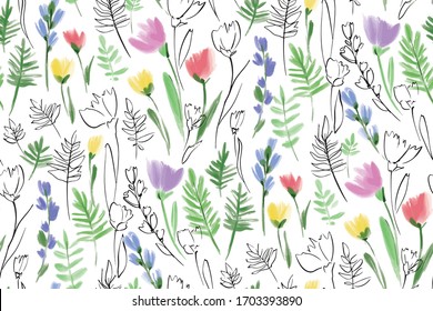 Floral seamless background pattern. Colorful spring flowers hand drawn, vector. Spring summer. Fabric swatch, textile design,wrapping paper