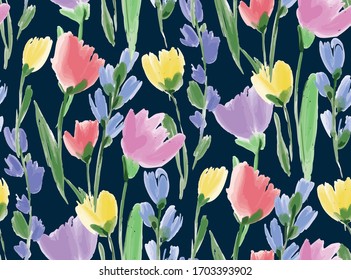 Floral seamless background pattern. Colorful spring flowers hand drawn, vector. Spring summer. Fabric swatch, textile design,wrapping paper