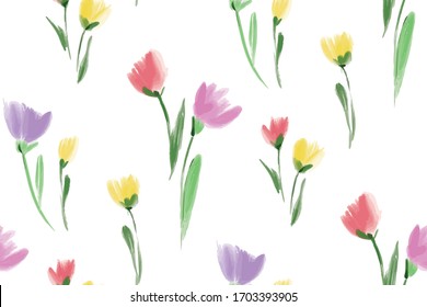 Floral seamless background pattern. Colorful spring flowers hand drawn, vector. Spring summer. Fabric swatch, textile design,wrapping paper