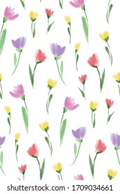Floral seamless background pattern. Colorful spring flowers hand drawn, vector. Spring summer.  