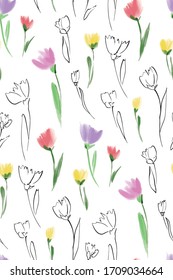 Floral seamless background pattern. Colorful spring flowers hand drawn, vector. Spring summer.  