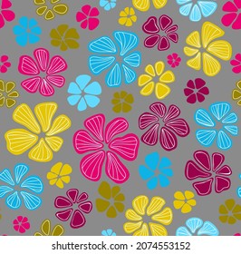 Floral seamless background pattern. Colorful spring flowers hand drawn, vector. Spring summer. Fabric swatch, textile design, wrapping paper