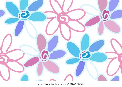 Floral seamless background pattern with daisy flowers. Vector illustration hand drawn. Wrapping paper, fabric swatch.