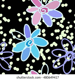 Floral seamless background pattern with daisy flowers. Vector illustration hand drawn. Wrapping paper, fabric swatch.