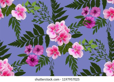 Floral seamless background pattern with different flowers and leaves. Botanical illustration  hand drawn. Textile print, fabric swatch, wrapping paper.