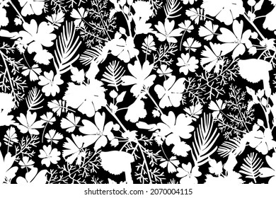 Floral seamless background pattern with different flowers and leaves. Botanical illustration  hand drawn. Textile print, fabric swatch, wrapping paper.