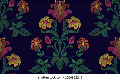 Floral seamless background pattern with fantasy flowers and leaves hand drawn. Line art. Embroidery flowers. Vector illustration in retro style.
