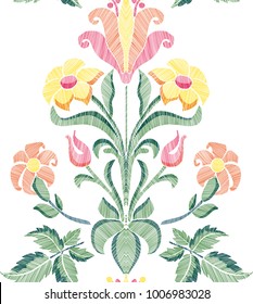 Floral seamless background pattern with fantasy flowers and leaves hand drawn. Line art. Embroidery flowers. Vector illustration in retro style.