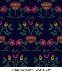 Floral seamless background pattern with fantasy flowers and leaves hand drawn. Line art. Embroidery flowers. Vector illustration in retro style.