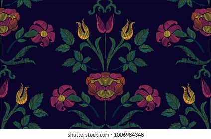 Floral seamless background pattern with fantasy flowers and leaves hand drawn. Line art. Embroidery flowers. Vector illustration in retro style.