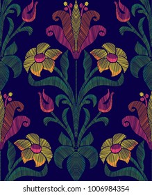 Floral seamless background pattern with fantasy flowers and leaves hand drawn. Line art. Embroidery flowers. Vector illustration in retro style.