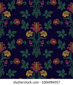 Floral seamless background pattern with fantasy flowers and leaves hand drawn. Line art. Embroidery flowers. Vector illustration in retro style.