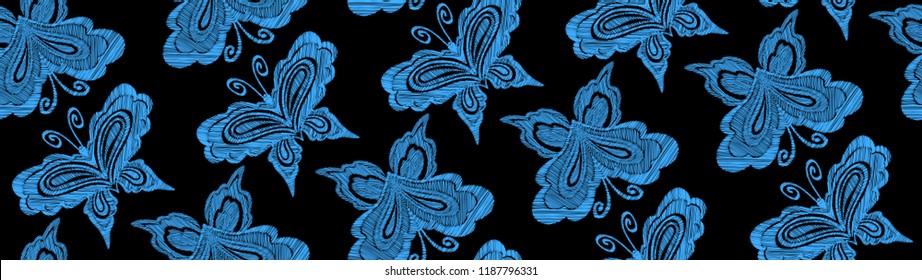 Floral seamless background pattern with fantasy flowers, leaves and butterflies. Line art. Embroidery flowers. Vector illustration.