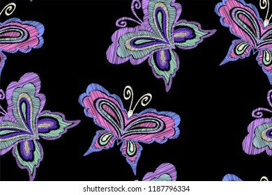 Floral seamless background pattern with fantasy flowers, leaves and butterflies. Line art. Embroidery flowers. Vector illustration.