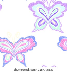 Floral seamless background pattern with fantasy flowers, leaves and butterflies. Line art. Embroidery flowers. Vector illustration.
