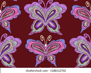 Floral seamless background pattern with fantasy flowers, leaves and butterflies. Line art. Embroidery flowers. Vector illustration.