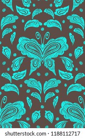 Floral seamless background pattern with fantasy flowers, leaves and butterflies. Line art. Embroidery flowers. Vector illustration.