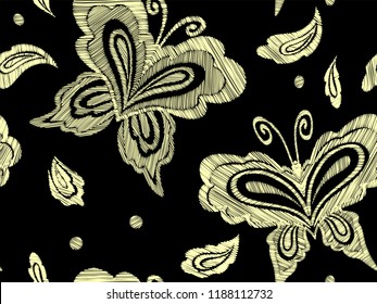 Floral seamless background pattern with fantasy flowers, leaves and butterflies. Line art. Embroidery flowers. Vector illustration.