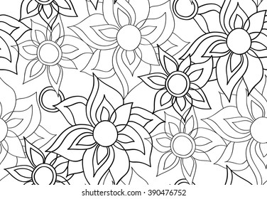 Floral seamless background pattern with fantasy flowers. Vector illustration hand drawn. Line art.
