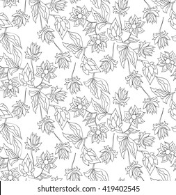 Floral seamless background pattern pattern with fantasy flowers. Line art. Black and white .Vector illustration hand drawn.