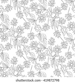 Floral seamless background pattern pattern with fantasy flowers. Line art. Black and white vector illustration hand drawn.