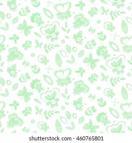 Floral seamless background pattern with fantasy flowers. Line art.  Vector colorful  illustration hand drawn. Embroidery design -  leaves, butterflies . Craft paper, fabric swatch.