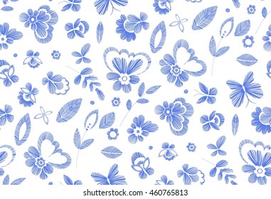 Floral seamless background pattern with fantasy flowers. Line art.  Vector colorful  illustration hand drawn. Embroidery design - leaves, butterflies . Craft paper, fabric swatch.