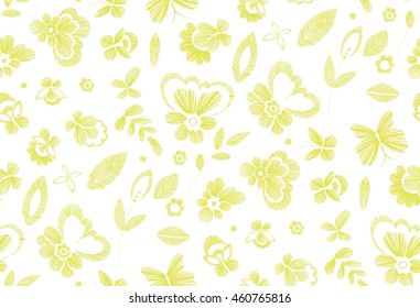 Floral seamless background pattern with fantasy flowers. Line art.  Vector colorful  illustration hand drawn. Embroidery design - leaves, butterflies . Craft paper, fabric swatch.
