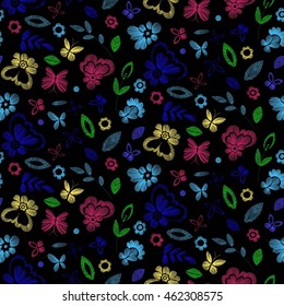 Floral seamless background pattern with fantasy flowers. Line art. Vector colorful illustration hand drawn. Embroidery design - flowers, leaves, butterflies . Craft paper, fabric swatch.