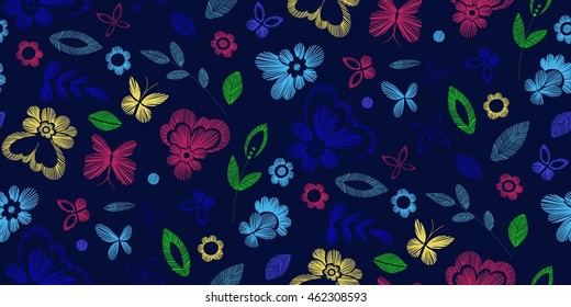 Floral seamless background pattern with fantasy flowers. Line art. Vector colorful illustration hand drawn. Embroidery design - flowers, leaves, butterflies . Craft paper, fabric swatch.
