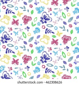 Floral seamless background pattern with fantasy flowers. Line art. Vector colorful illustration hand drawn. Embroidery design - flowers, leaves, butterflies . Craft paper, fabric swatch.