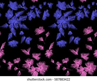 Floral seamless background pattern with fantasy flowers and leaves  Line art. Embroidery flowers. Vector illustration.
