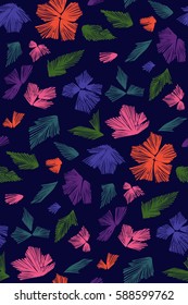 Floral seamless background pattern with fantasy flowers and leaves  Line art. Embroidery flowers. Vector illustration.