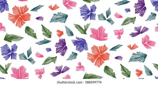 Floral seamless background pattern with fantasy flowers and leaves  Line art. Embroidery flowers. Vector illustration.
