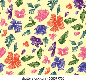 Floral seamless background pattern with fantasy flowers and leaves  Line art. Embroidery flowers. Vector illustration.