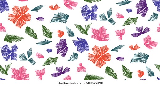 Floral seamless background pattern with fantasy flowers and leaves  Line art. Embroidery flowers. Vector illustration.
