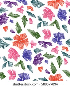 Floral seamless background pattern with fantasy flowers and leaves  Line art. Embroidery flowers. Vector illustration.