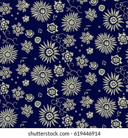 Floral seamless background pattern with fantasy flowers and leaves  Line art. Embroidery flowers. Vector illustration.