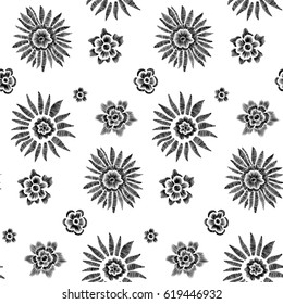 Floral seamless background pattern with fantasy flowers and leaves  Line art. Embroidery flowers. Vector illustration.