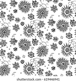 Floral seamless background pattern with fantasy flowers and leaves  Line art. Embroidery flowers. Vector illustration.