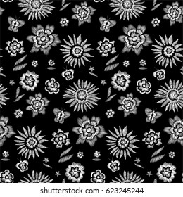 Floral seamless background pattern with fantasy flowers, leaves and butterfly. Line art. Embroidery flowers. Vector illustration.