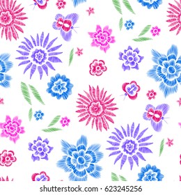 Floral seamless background pattern with fantasy flowers, leaves and butterfly. Line art. Embroidery flowers. Vector illustration.