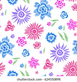 Floral seamless background pattern with fantasy flowers, leaves and butterfly. Line art. Embroidery flowers. Vector illustration.